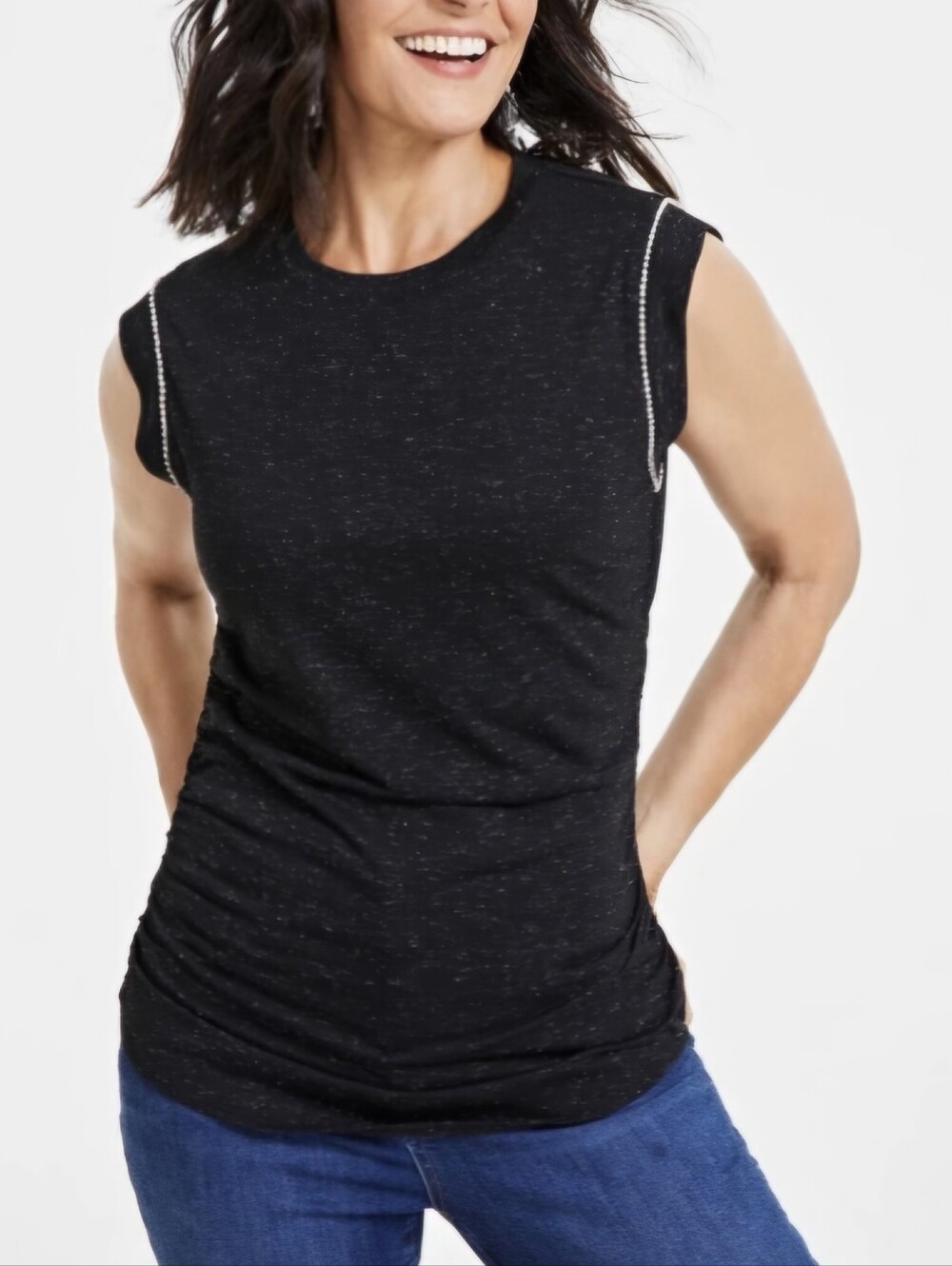 I.N.C. International Concepts Women's L Ruched-Side Embellished Jew Shirt Black